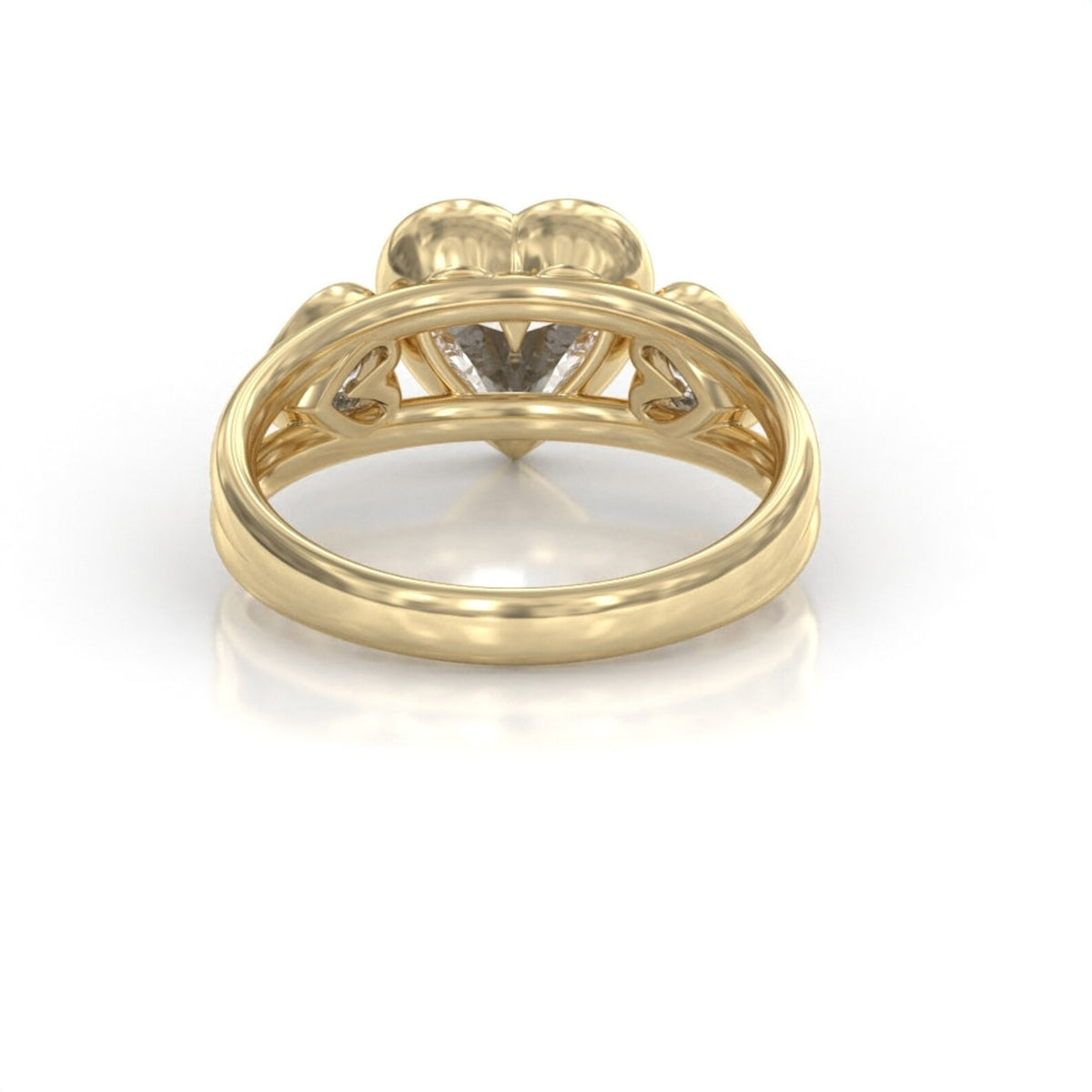 Underside structural gallery view of a 14K yellow gold bezel ring showcasing heart-shaped light cutouts behind three heart-cut lab-grown diamonds.