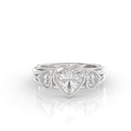 Front view of a 2 carat heart-cut lab-grown diamond engagement ring with matching heart side stones set in 14K white gold bezel.