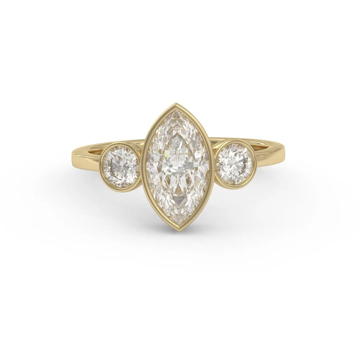 Underside open gallery backing view of a 3 carat marquise cut lab-grown diamond three-stone bezel ring in 14K yellow gold.