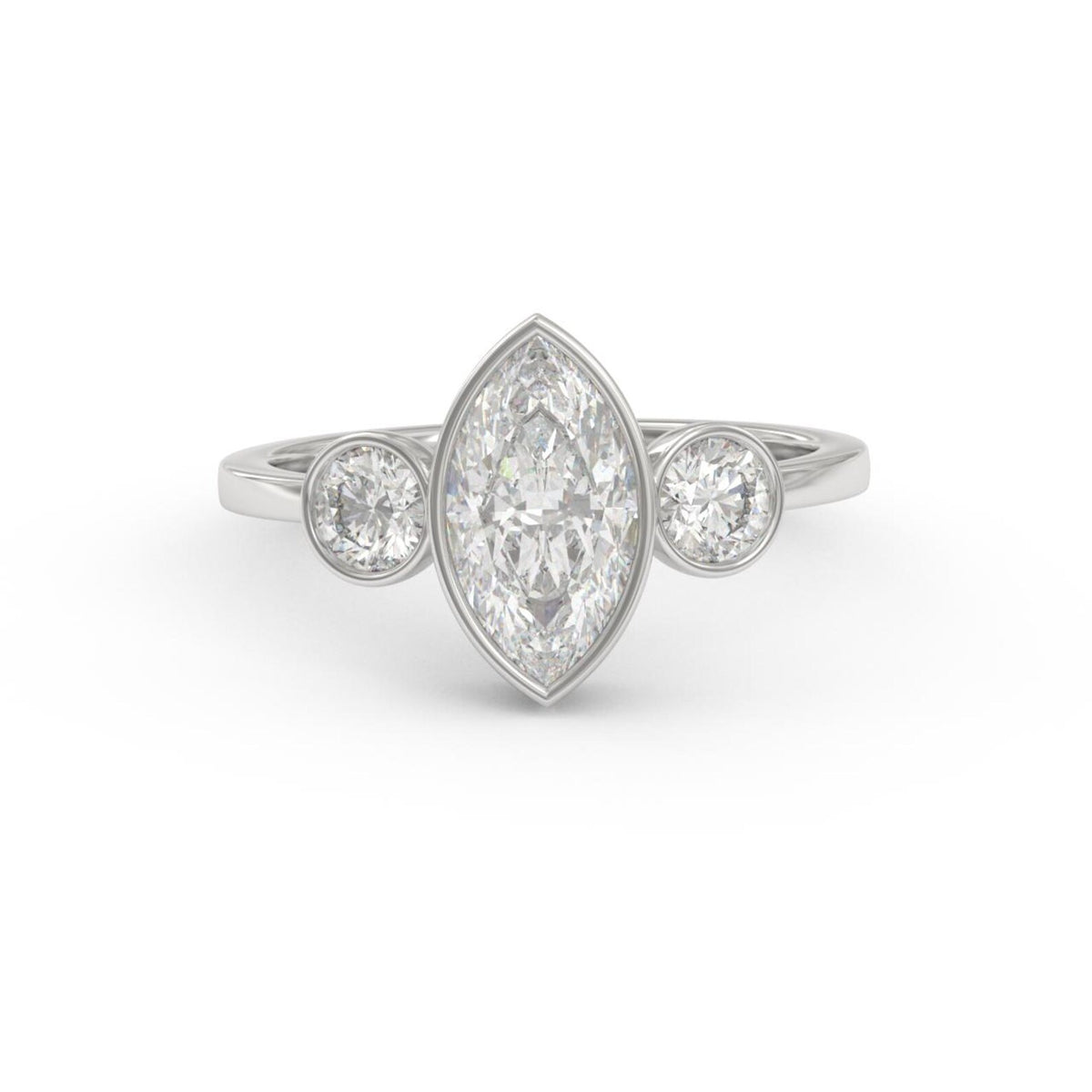 Direct front view of a 3 carat marquise lab-grown diamond three-stone bezel setting engagement ring in 14K white gold.