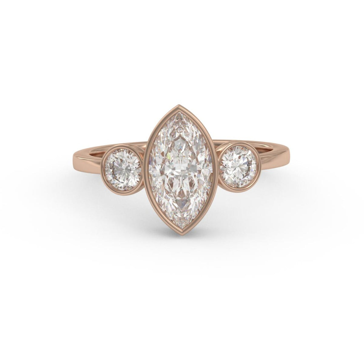 Direct top view of a 3 carat marquise cut lab diamond three-stone bezel engagement ring set in 14K rose gold.