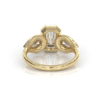 Undergallery back view of the yellow gold bezel-set three-stone lab grown diamond ring.