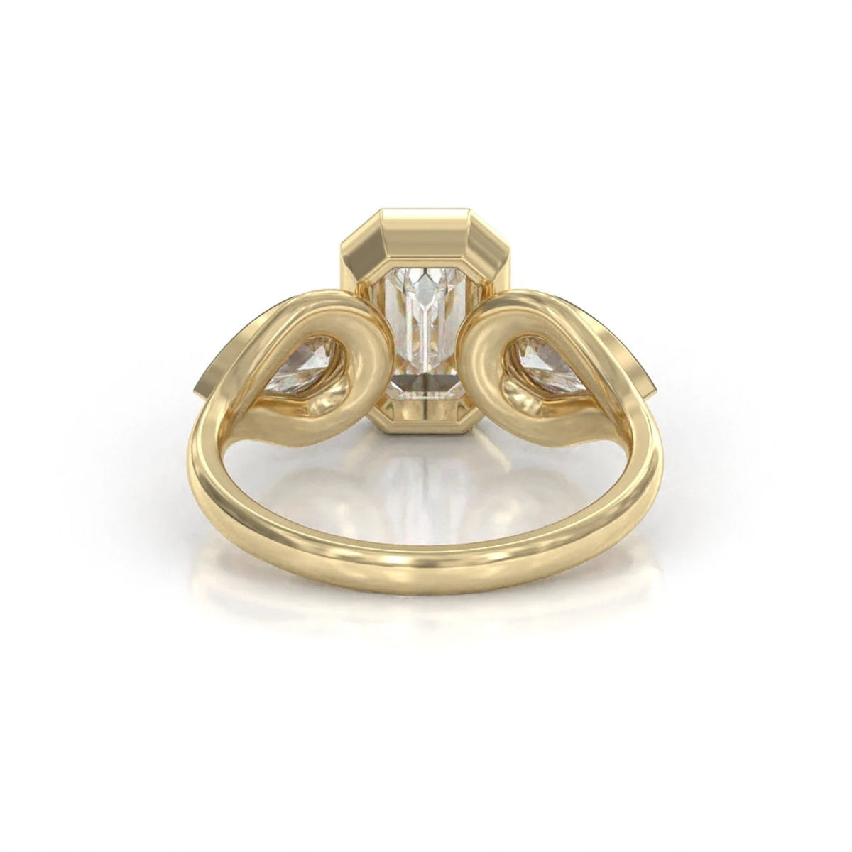 Undergallery back view of the yellow gold bezel-set three-stone lab grown diamond ring.