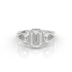 Front view of a 3 carat emerald cut bezel set lab grown diamond ring with pear side stones in white gold.