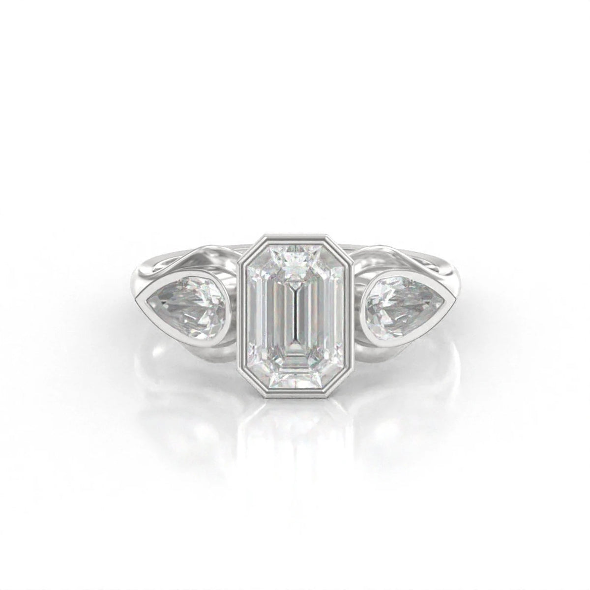 Front view of a 3 carat emerald cut bezel set lab grown diamond ring with pear side stones in white gold.