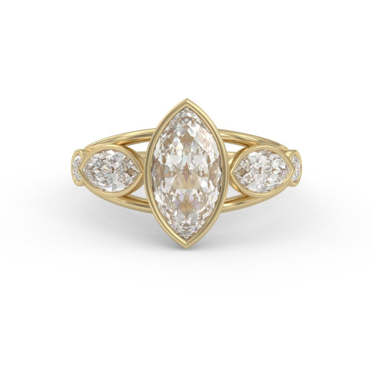 Front view of a 3 carat marquise cut lab grown diamond ring in a yellow gold bezel setting with side accent diamonds.