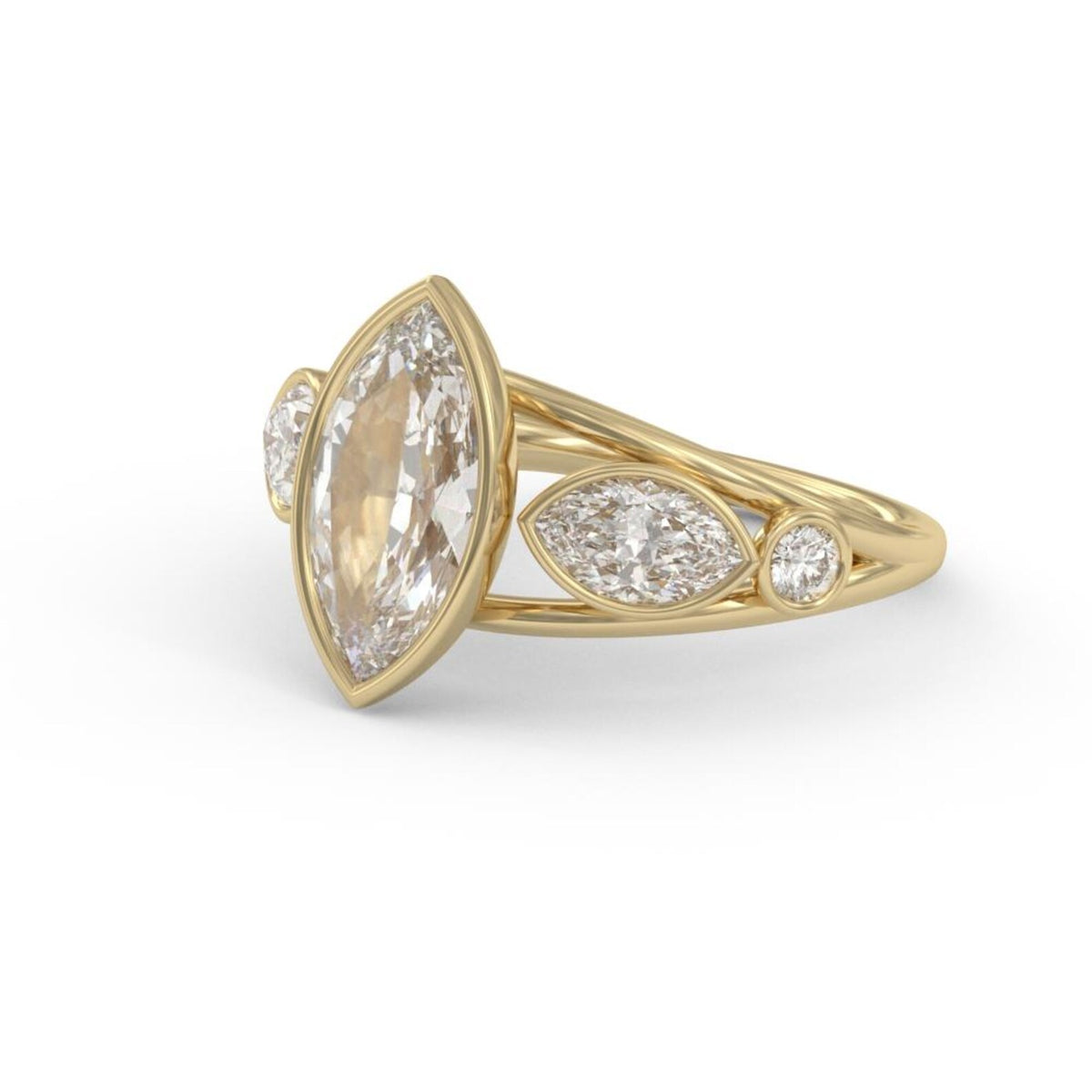 Top-angled perspective of a 3 carat marquise cut lab grown diamond engagement ring in yellow gold.