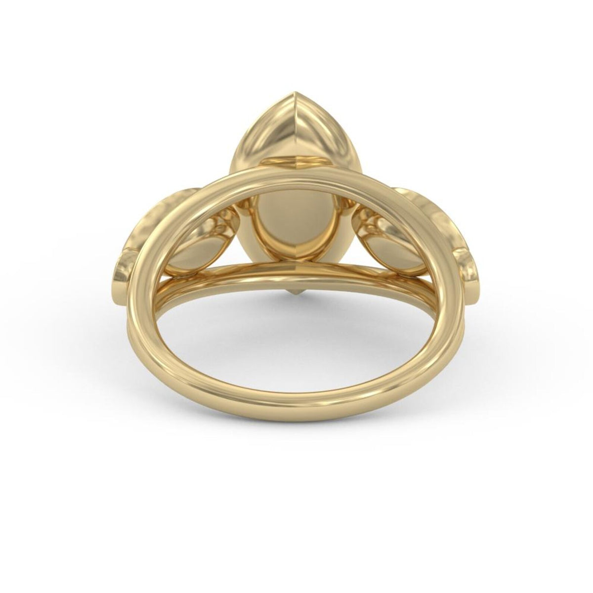 Undergallery and open double-shank band detail of the yellow gold marquise bezel lab diamond ring.