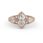 Side profile view showing the low-profile bezel setting of the 3 ct marquise lab created diamond ring.