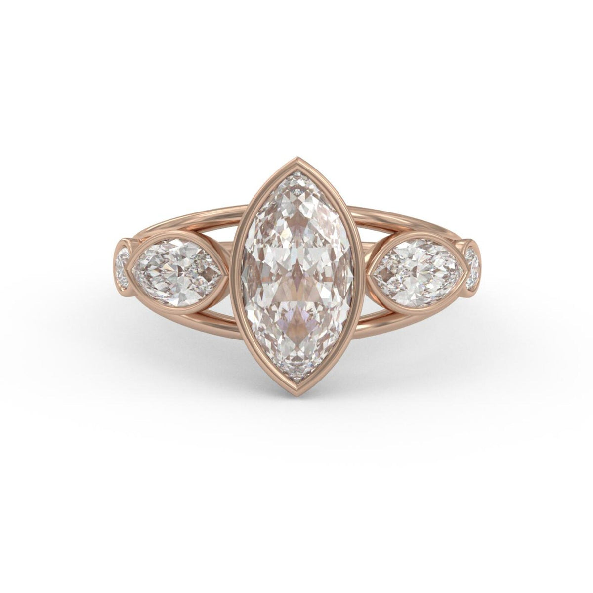 Side profile view showing the low-profile bezel setting of the 3 ct marquise lab created diamond ring.
