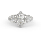 Angled detail view highlighting the elongated marquise center stone and custom bezel setting in gold.