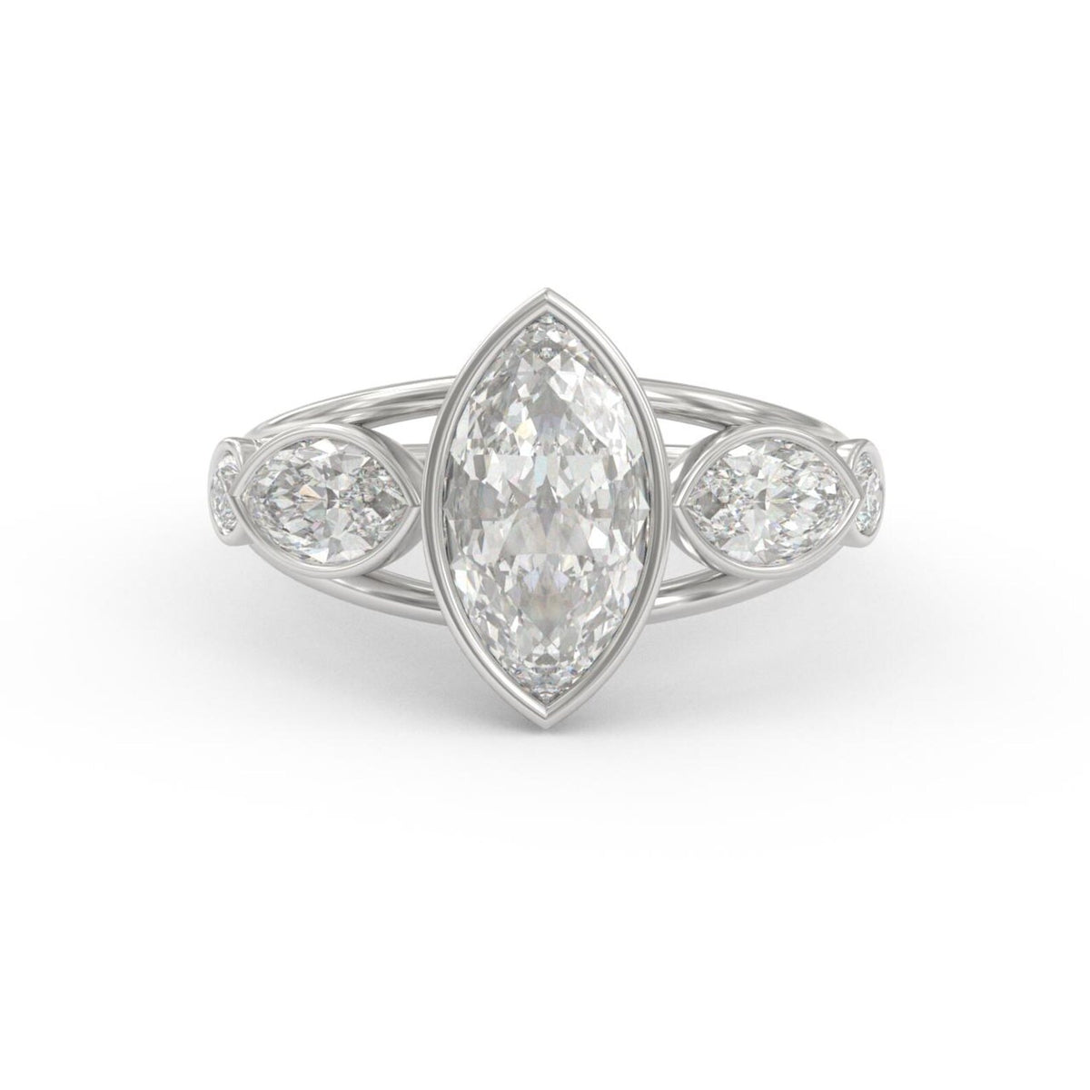 Angled detail view highlighting the elongated marquise center stone and custom bezel setting in gold.