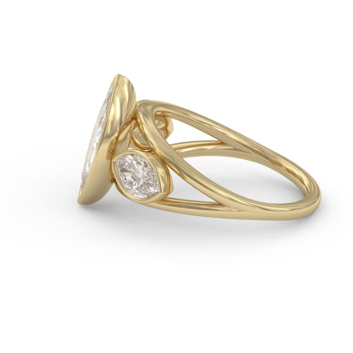 Side profile view of a 3 carat marquise cut lab grown diamond bezel ring in yellow gold with a split shank band.