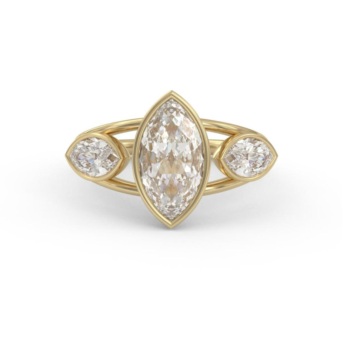 Front view of a 3 carat marquise cut lab grown diamond ring with bezel-set marquise side stones in yellow gold.