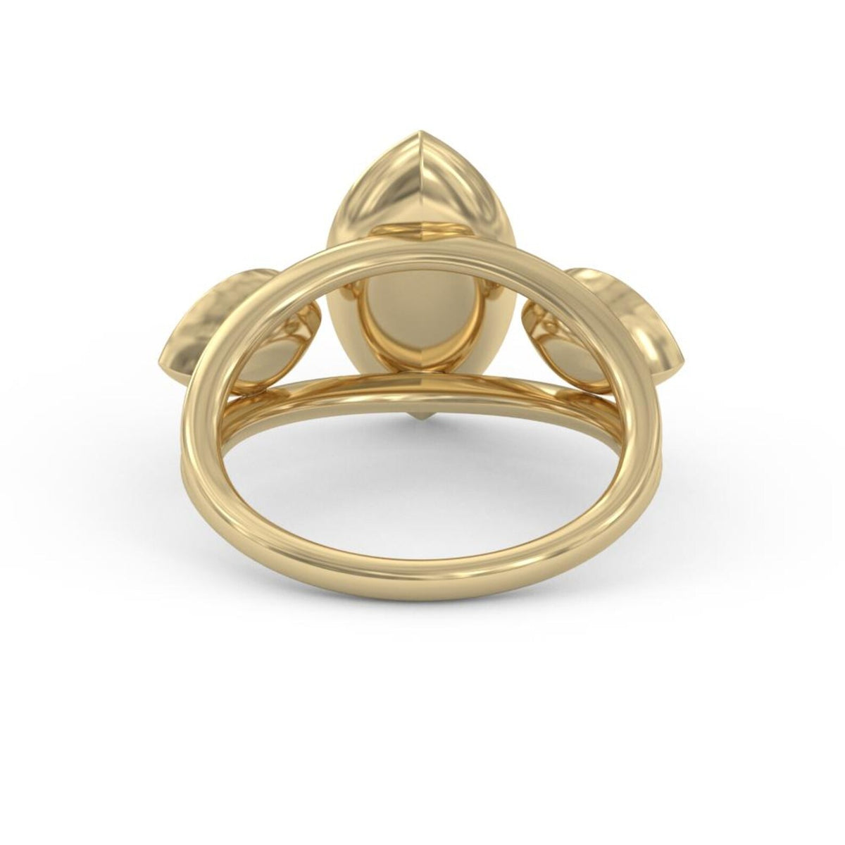 Undergallery view showing the double wire shank and smooth bezel setting of the yellow gold marquise lab diamond ring.