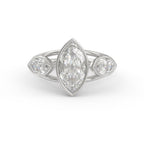 Front view of a 3 carat marquise cut lab grown diamond bezel engagement ring with side accents in 14k white gold.