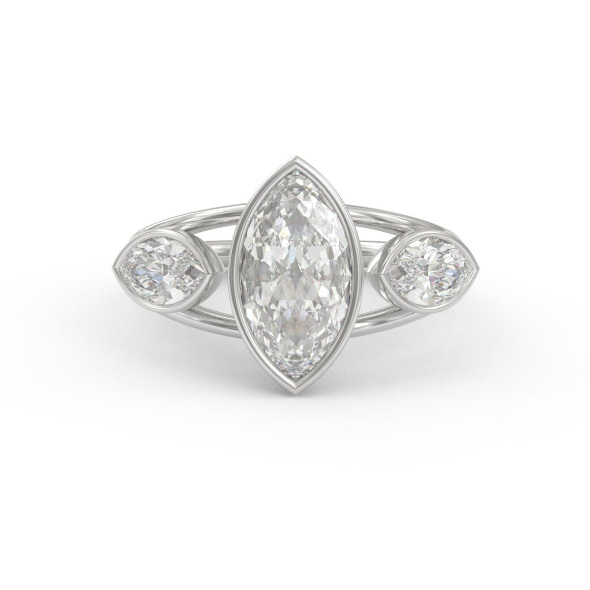 Front view of a 3 carat marquise cut lab grown diamond bezel engagement ring with side accents in 14k white gold.