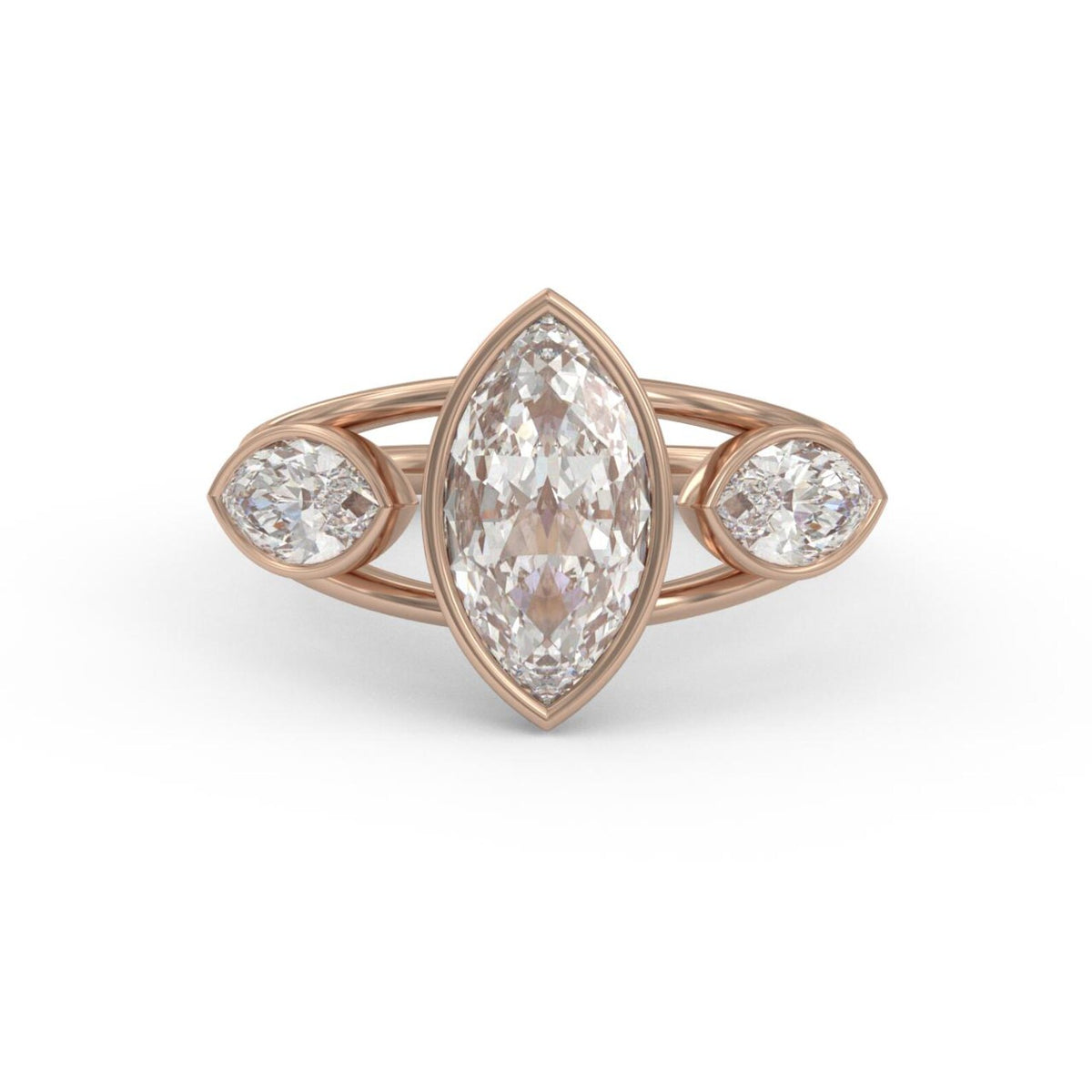 Front view of a 3 carat marquise cut lab grown diamond bezel engagement ring with side accents in 14k rose gold.