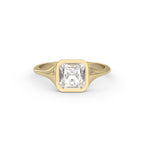 Front view of a 2 carat Asscher cut lab grown diamond solitaire ring in a yellow gold bezel setting.