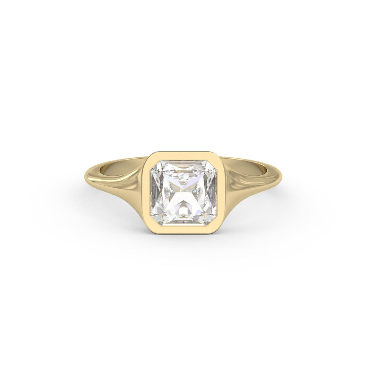 Front view of a 2 carat Asscher cut lab grown diamond solitaire ring in a yellow gold bezel setting.