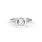 Front view of a 2 carat Asscher cut lab grown diamond solitaire ring in a 14k white gold bezel setting.