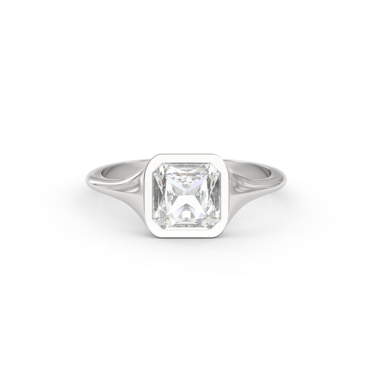 Front view of a 2 carat Asscher cut lab grown diamond solitaire ring in a 14k white gold bezel setting.