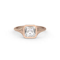 Front view of a 2 carat Asscher cut lab grown diamond solitaire ring in a 14k rose gold bezel setting.