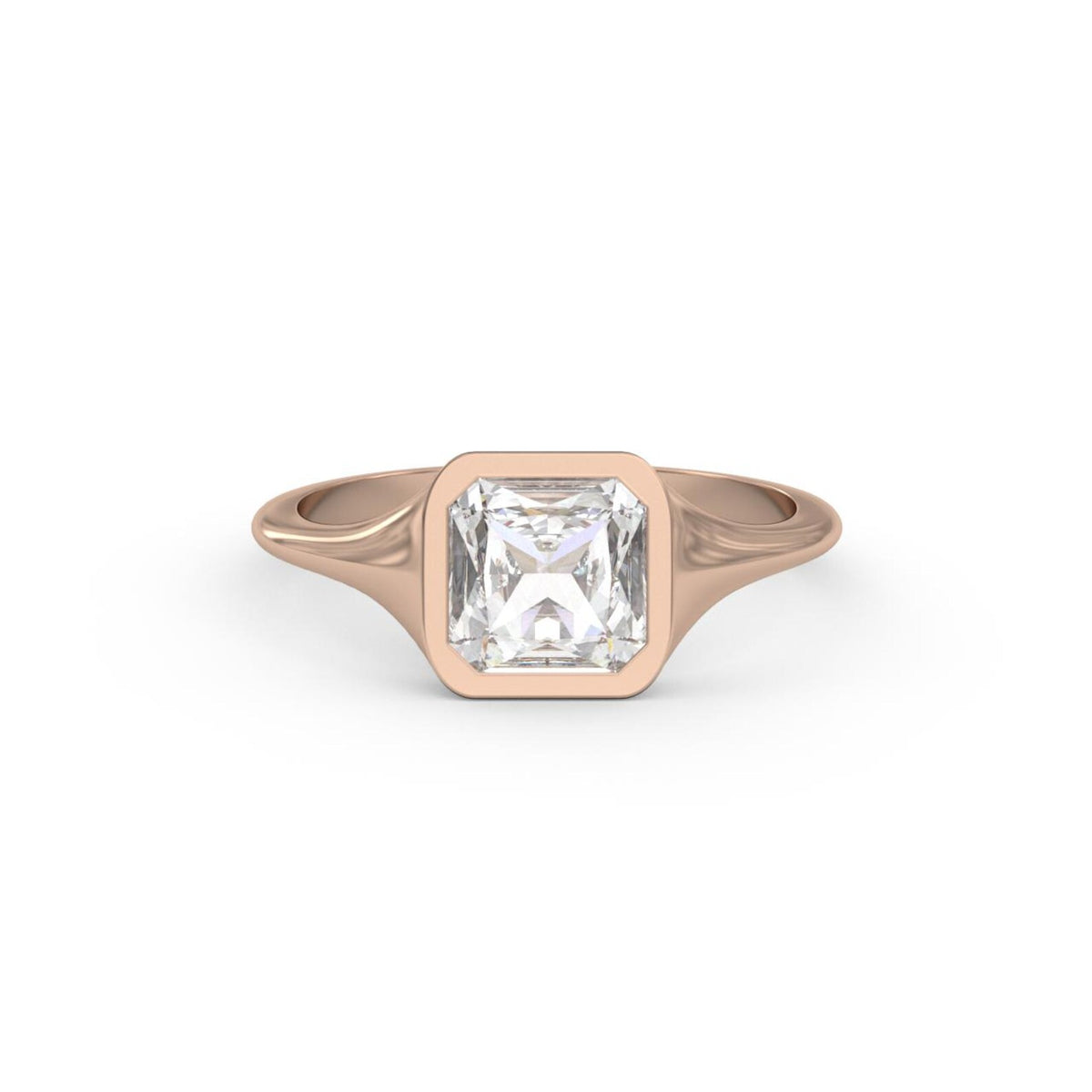 Front view of a 2 carat Asscher cut lab grown diamond solitaire ring in a 14k rose gold bezel setting.