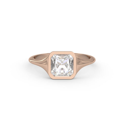 Front view of a 2 carat Asscher cut lab grown diamond solitaire ring in a 14k rose gold bezel setting.