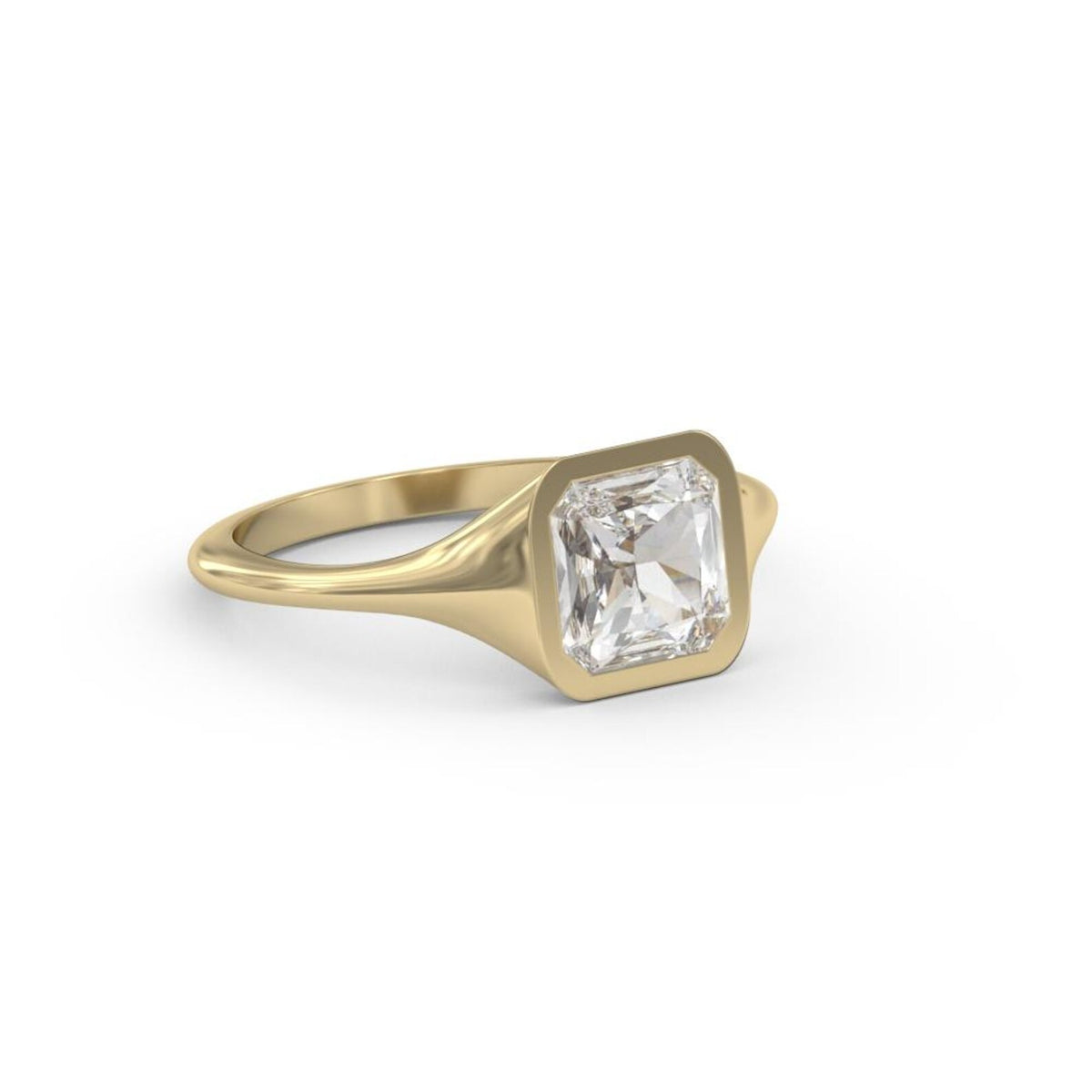 Three-quarter angled view of a 2 carat Asscher cut bezel set lab grown diamond ring in yellow gold.