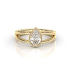 Front view of 2 CT pear cut lab grown diamond engagement ring in yellow gold bezel setting with split band.