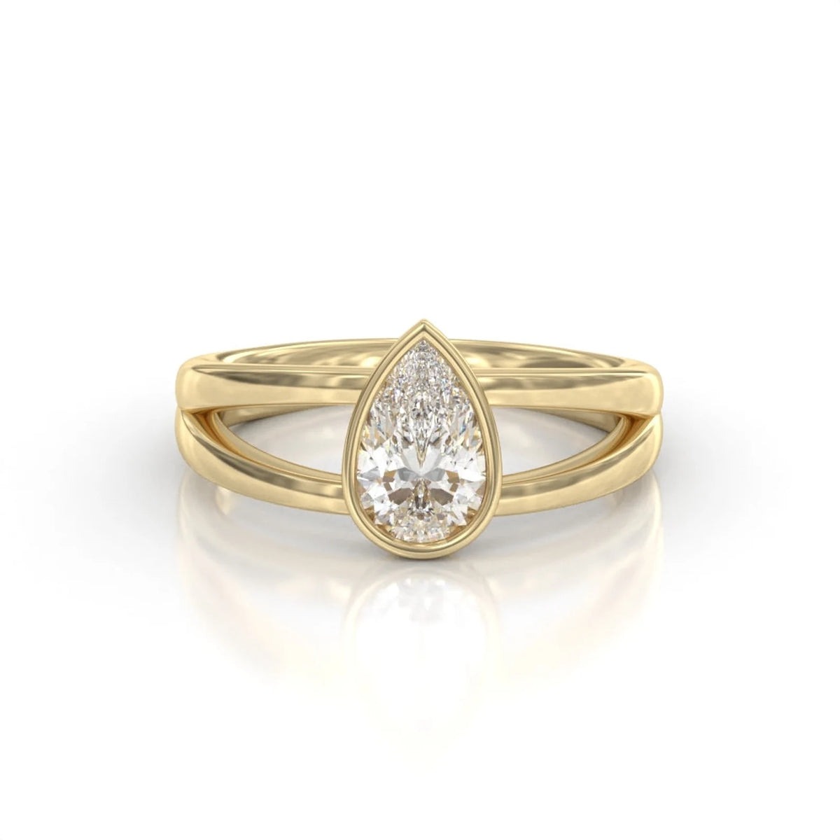 Front view of 2 CT pear cut lab grown diamond engagement ring in yellow gold bezel setting with split band.