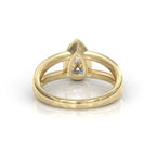 Interior undergallery view of 2 carat pear lab diamond ring in yellow gold showing smooth split band craftsmanship.