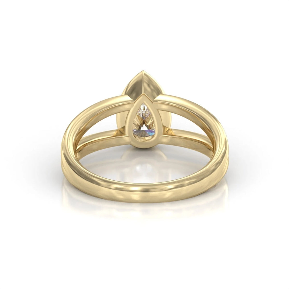 Interior undergallery view of 2 carat pear lab diamond ring in yellow gold showing smooth split band craftsmanship.