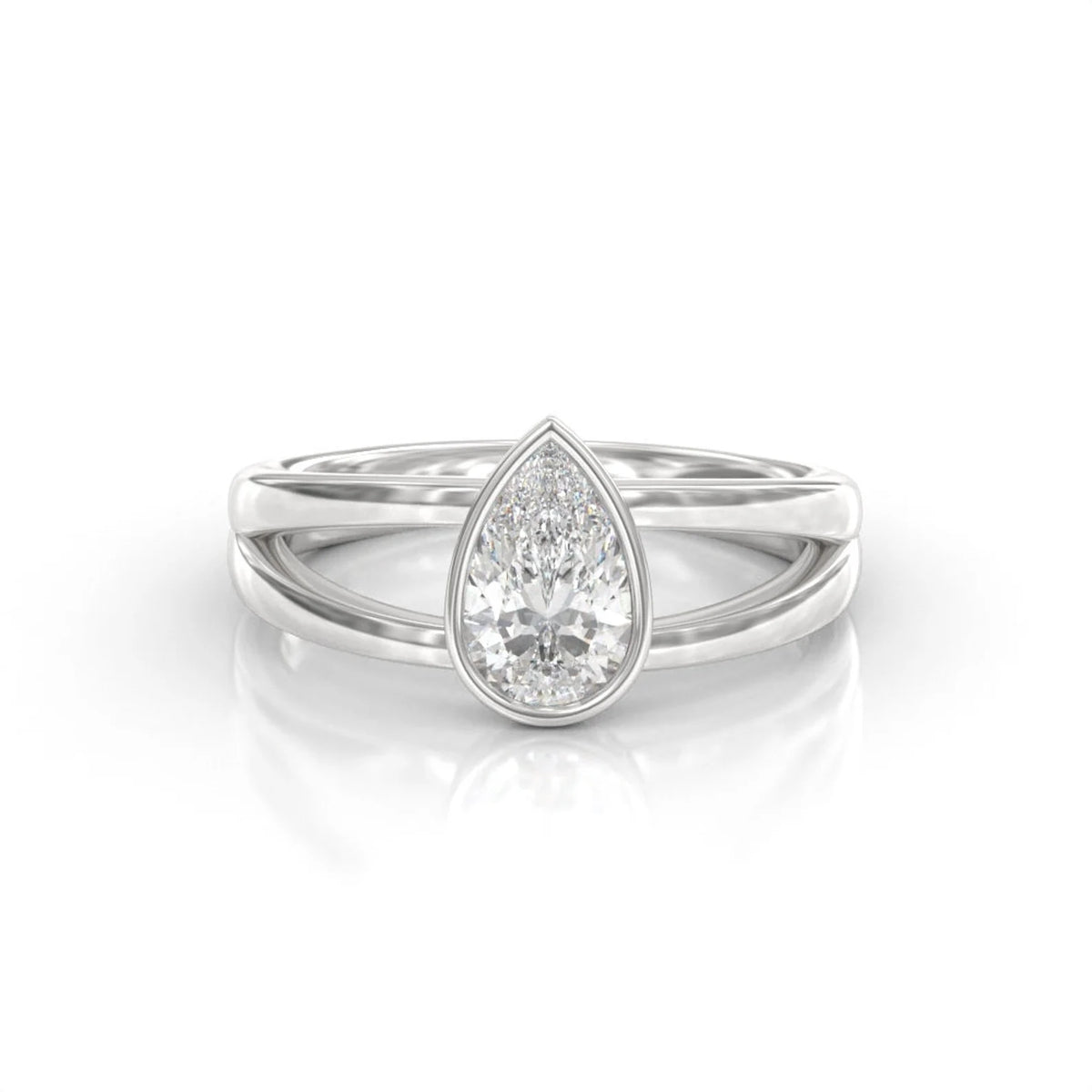 2 CT pear cut lab created diamond engagement ring with full protective bezel setting in polished white gold.