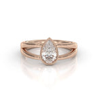 Rose gold 2 carat pear cut lab grown diamond ring with modern bezel setting and dual band split shank.