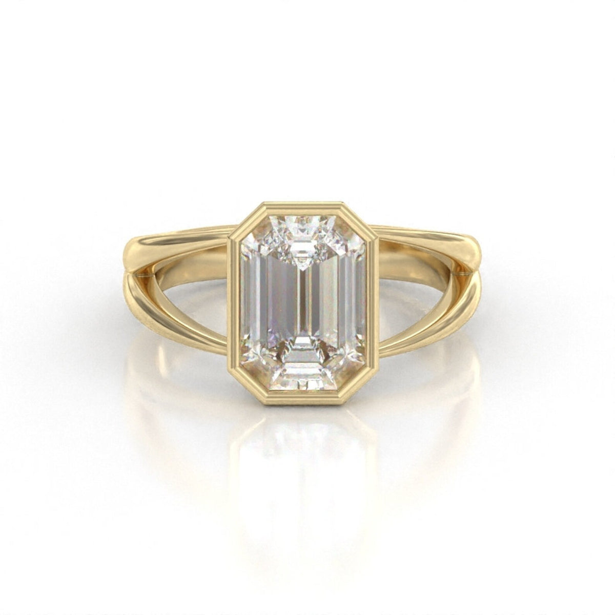 Front view of 3 CT emerald cut lab grown diamond engagement ring in yellow gold bezel setting with split shank band.