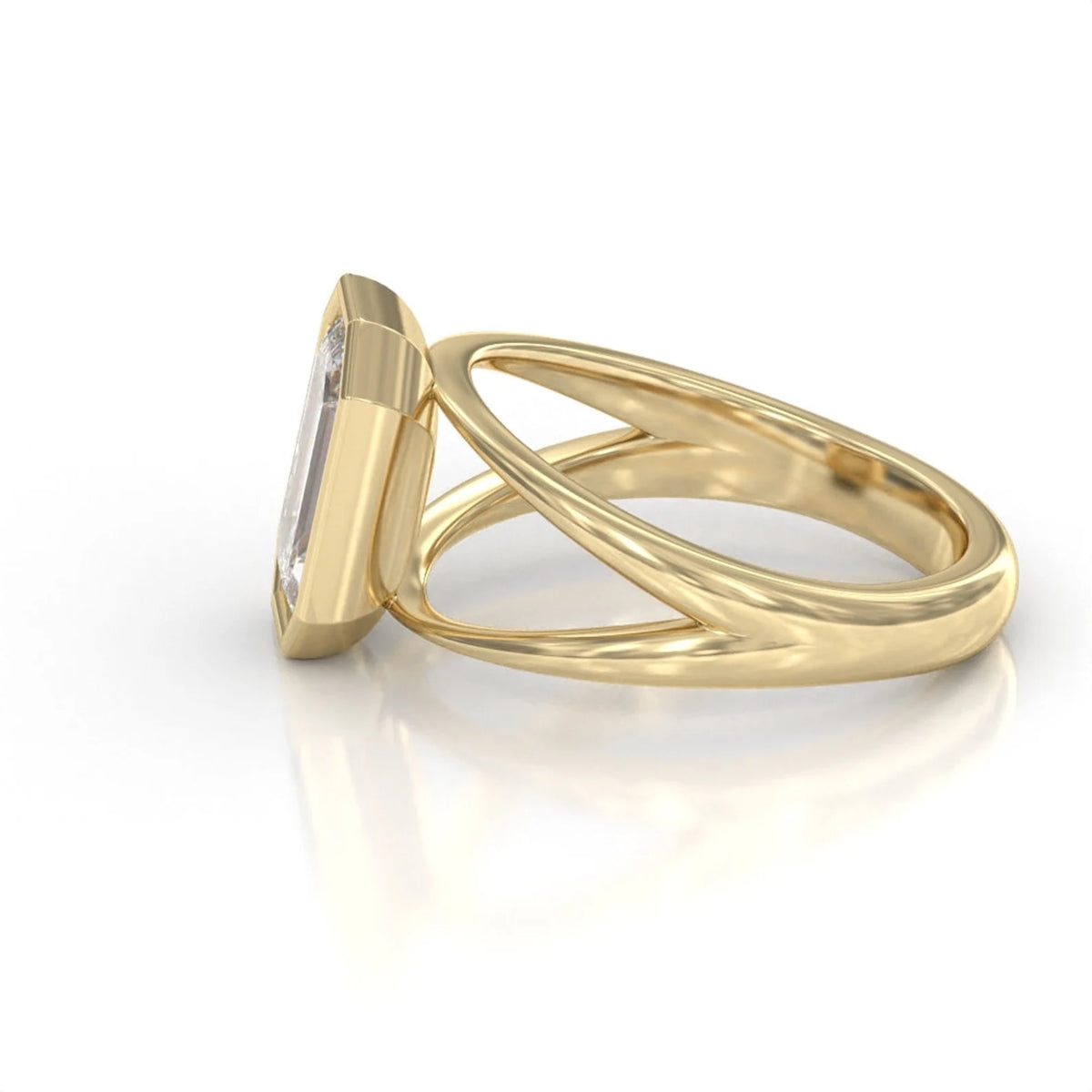 Side profile showing architectural split band structure attached to 3 CT emerald cut diamond bezel setting.