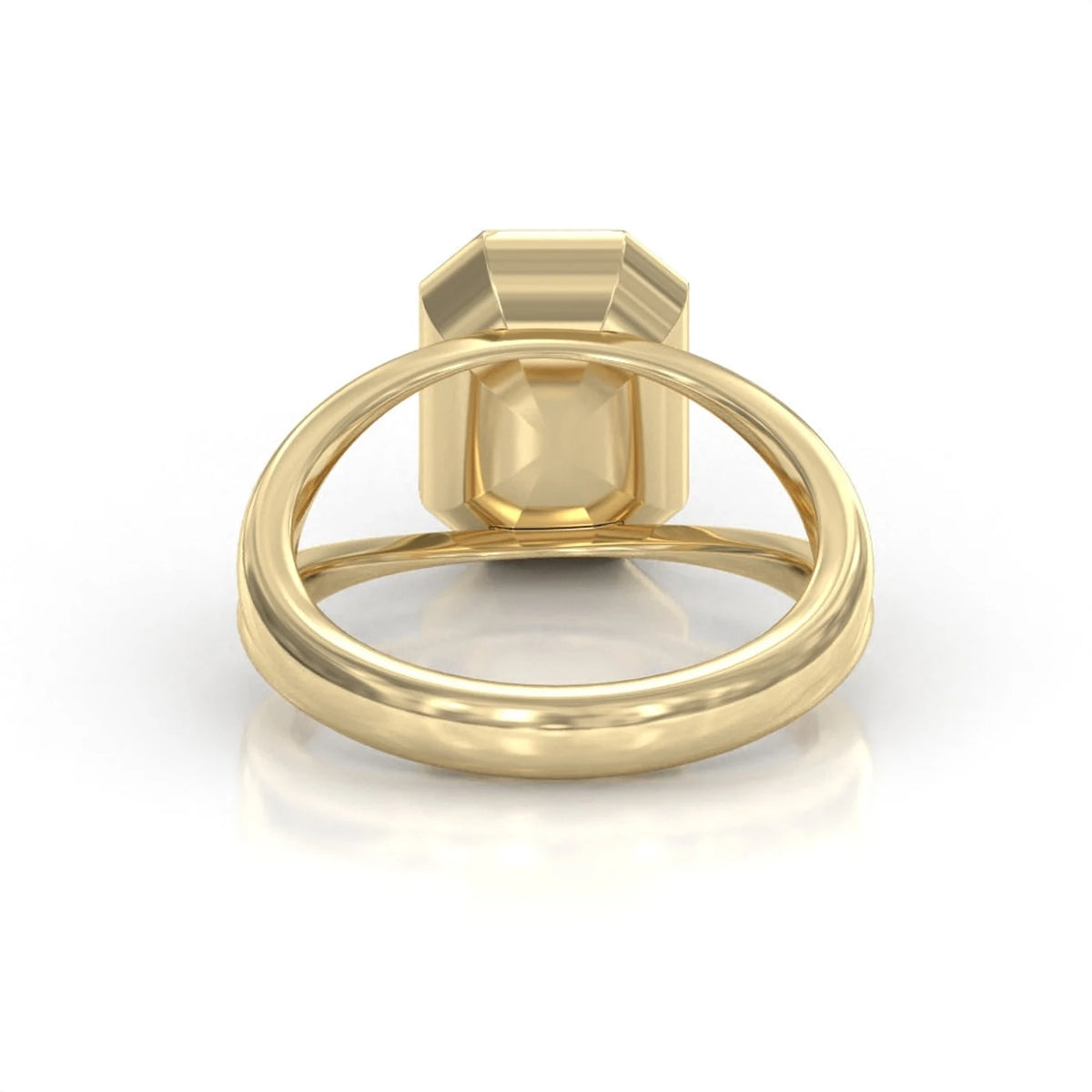 Rear view showing smooth inner band and undergallery of yellow gold 3 carat emerald diamond bezel ring.