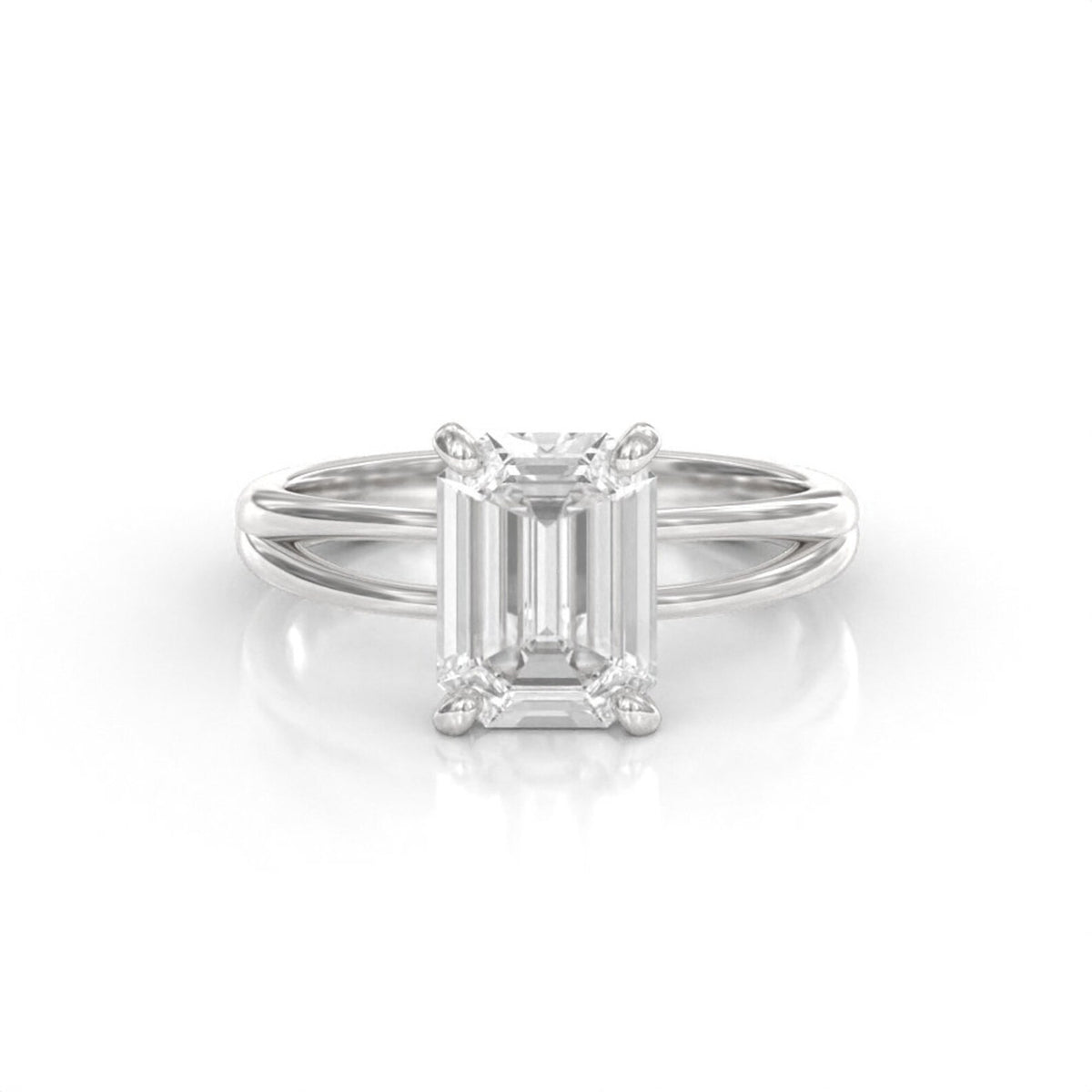 Front view of a 3 carat emerald cut lab created diamond solitaire engagement ring set in white gold.