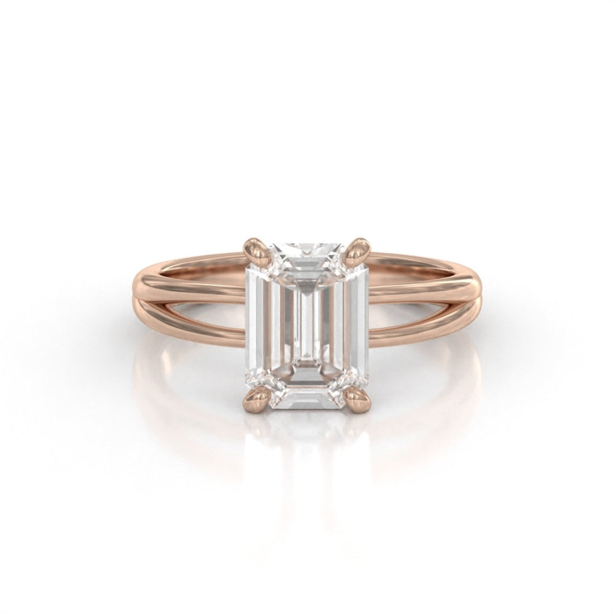 Front view of a 3 CT emerald cut lab grown diamond engagement ring set in rose gold with a split shank band.