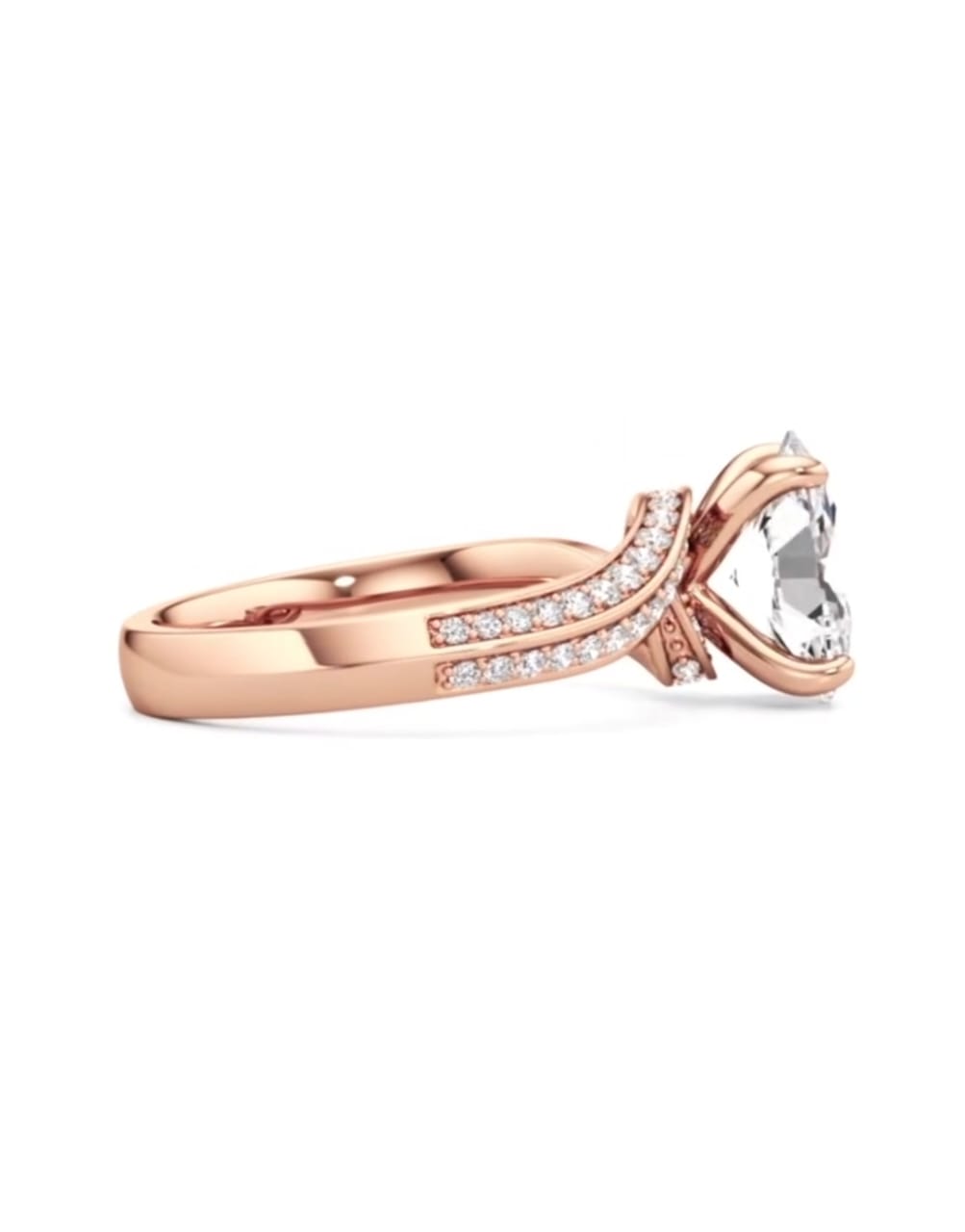 Side profile view of a rose gold 2 carat oval cut lab grown diamond bypass ring with double-row pave details.