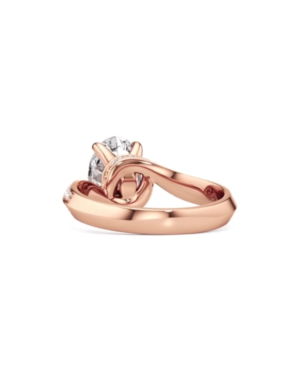 Rear side angle of a 2ct oval lab diamond engagement ring showing the fluid rose gold swirl setting.