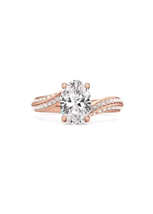 Top-down view of a 2 carat oval cut lab grown diamond ring with sweeping double-row pave shoulders in rose gold.