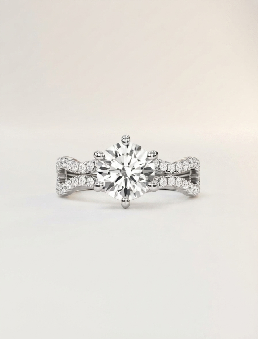 2 carat round brilliant cut lab diamond twist engagement ring.