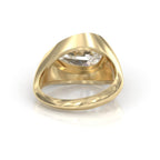 Profile view of a 3 CT pear cut lab diamond signet ring displaying the polished solid gold shank and 14K stamp.