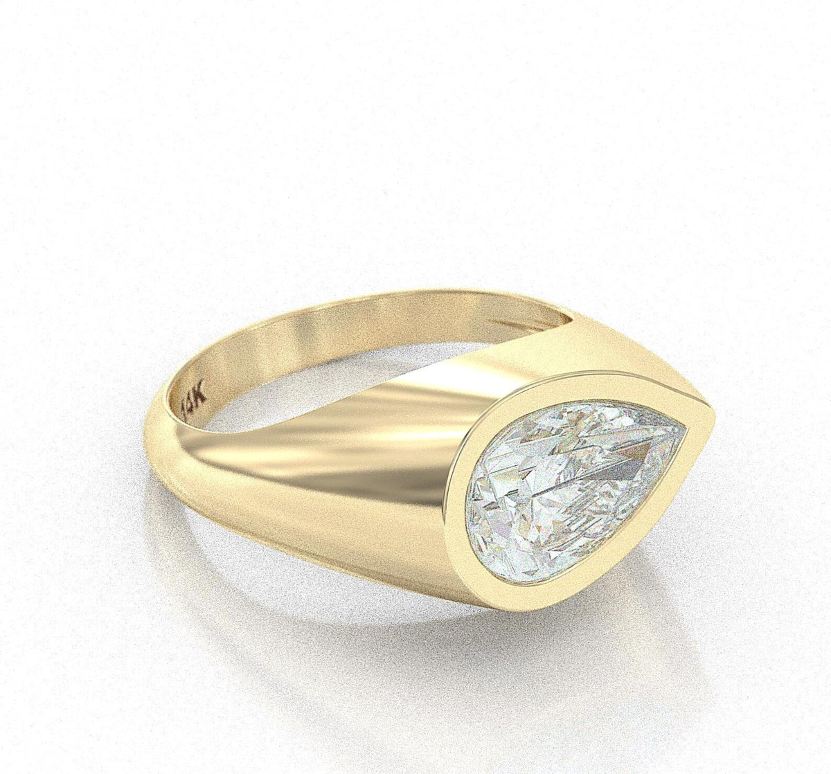 Rear undergallery view of the 3 carat pear diamond flush setting showing the interior of the yellow gold signet ring.