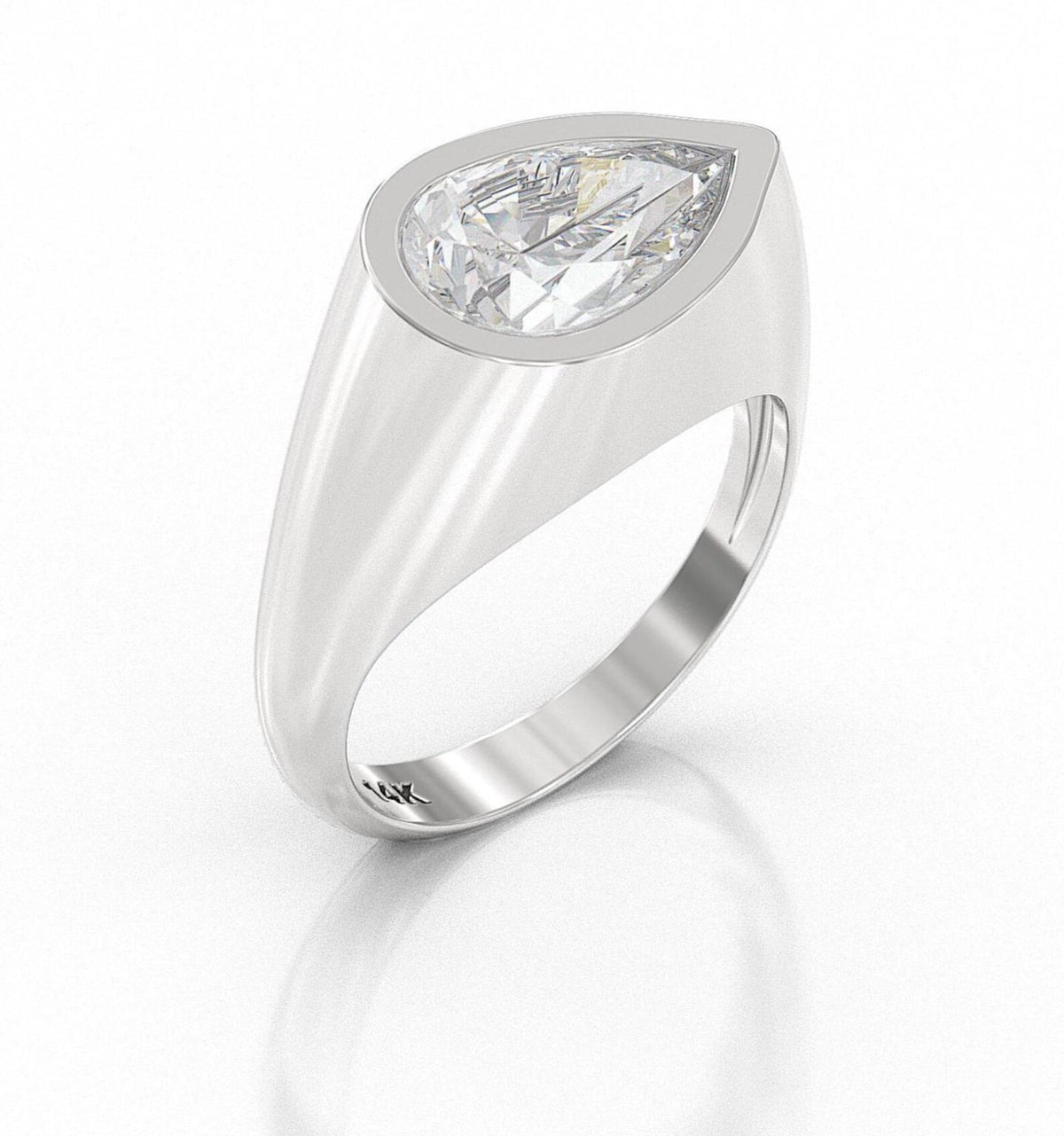 Modern 3 carat pear cut lab grown diamond signet ring with flush bezel setting in solid 14K rose gold.
