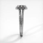 Side profile view of white gold 2 carat emerald cut lab grown diamond engagement ring showing pave split shank detail.