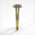 Side profile view of yellow gold 2 CT emerald cut lab diamond ring highlighting micro-pave band structure.
